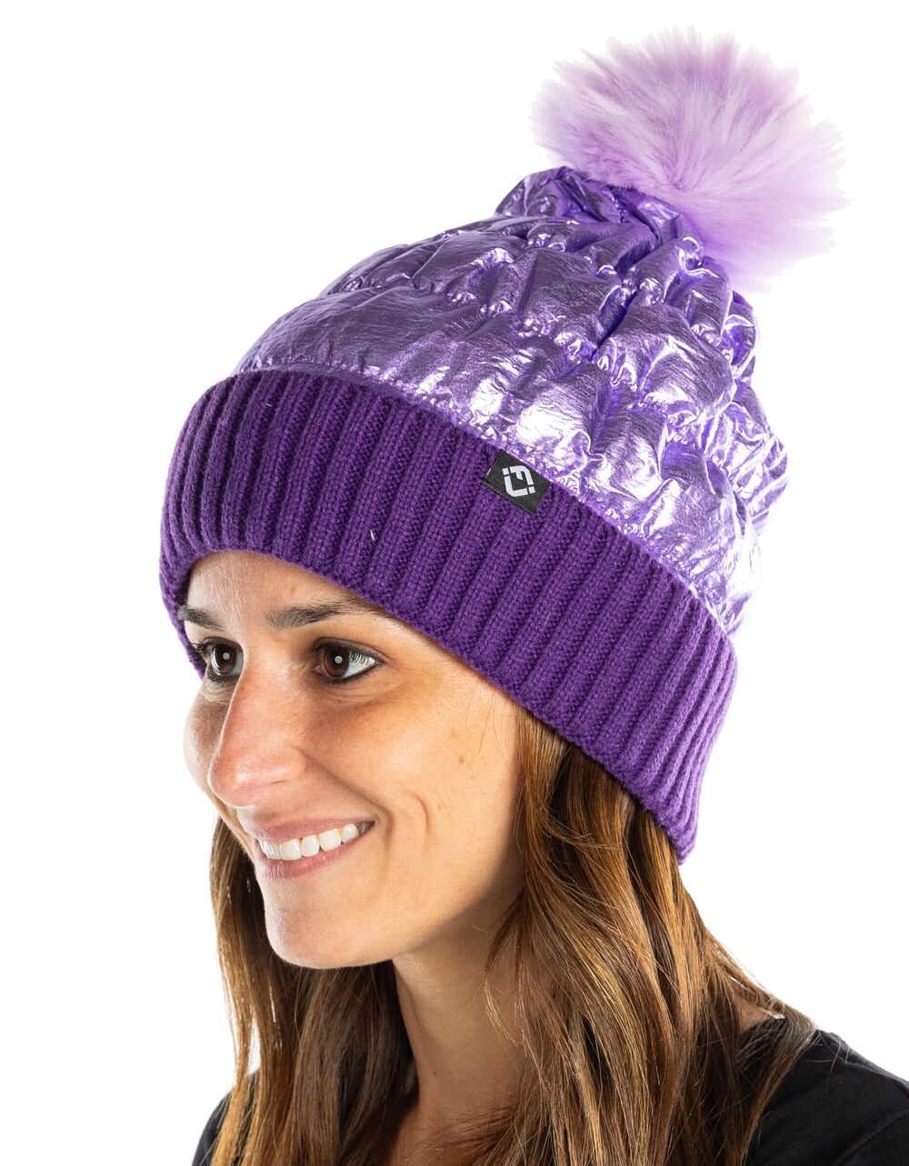 7402 Puffer Beanie Hat with Faux Fur Pom Pom, Shiny Metallic Beanie, Fleece